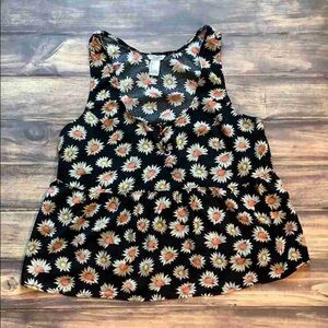 Floral Sleeveless Top - Black with Orange and White Daisies